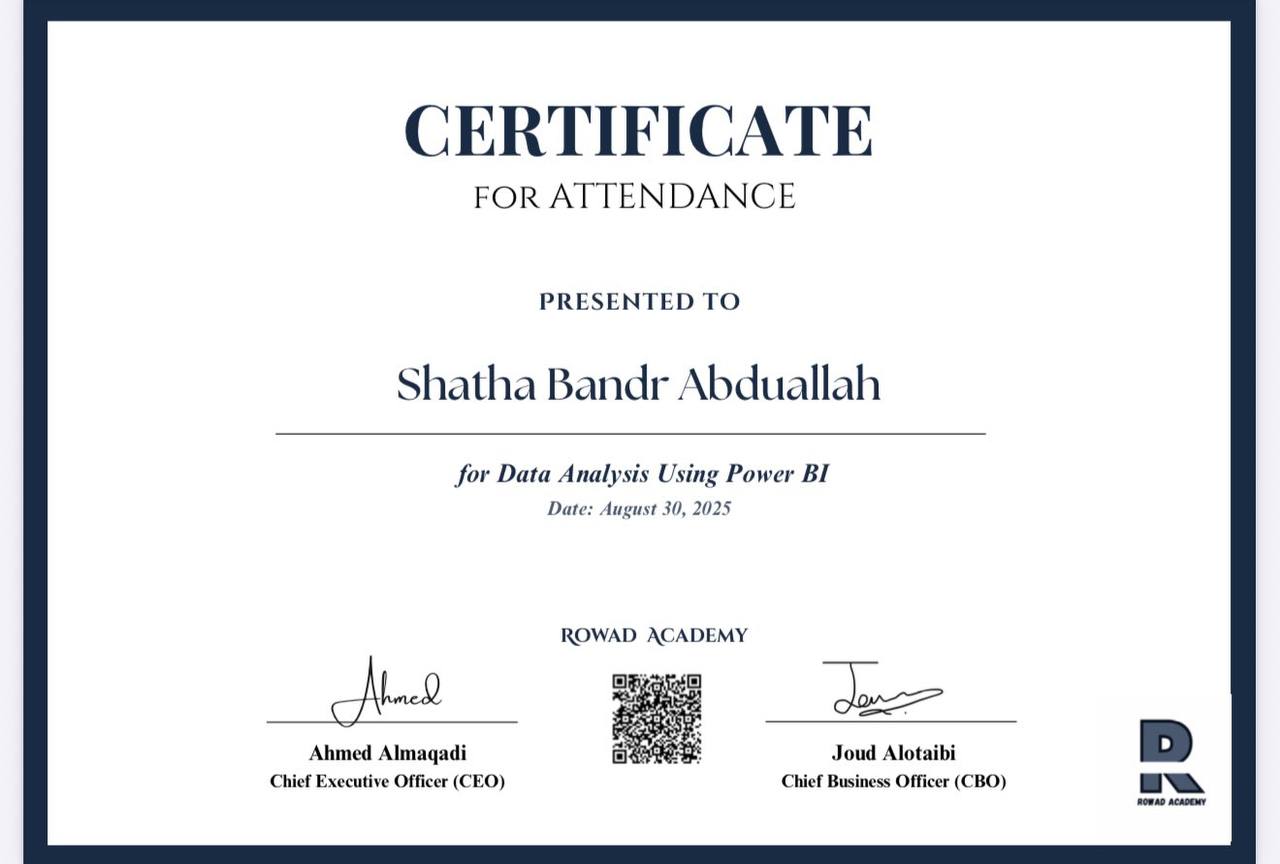 شهادة حضور دورة تحليل البيانات باستخدام Power BI